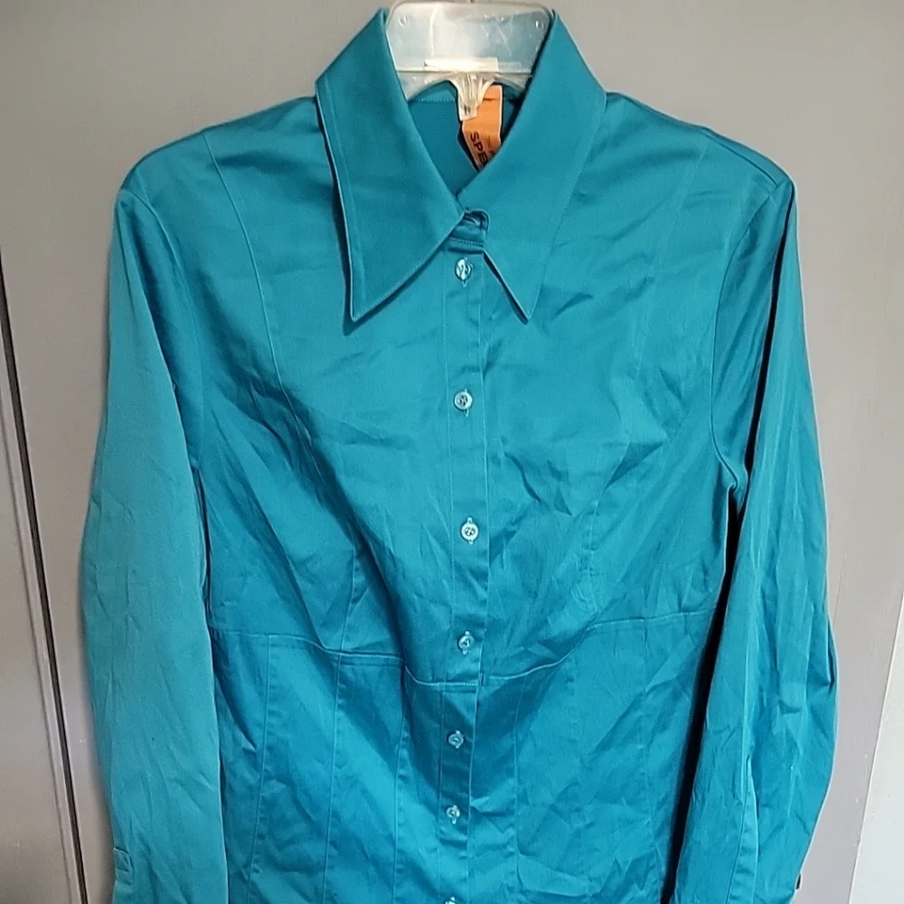 Escada Blue Teal Button-Up Women's Blouse Size 42 Tailored Fit - Picture 1 of 11